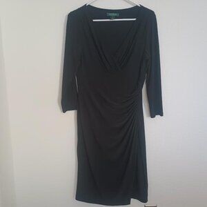 LAUREN RALPH LAUREN DRESS BLACK 3/4 SLEEVE SURPLICE V NECK RUICHED SIDE SIZE 10